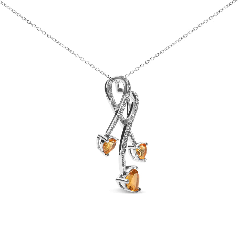 .925 Sterling Silver 3-Stone Heart Shape Citrine and Diamond Accent Spiral Drop 18" Pendant Necklace (H-I Color, SI1-SI2 Clarity)