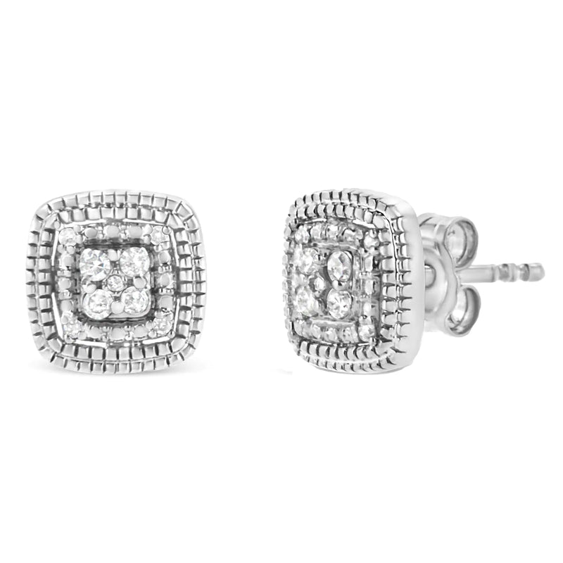 .925 Sterling Silver 1/10 Cttw Prong-Set Round Cut Diamond Square Shape with Milgrain Halo Stud Earrings (I-J Color, I2-I3 Clarity)