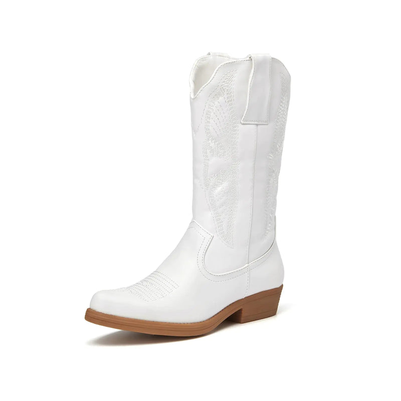 ALLOT Womens Embroidered Western Cowboy Boots Pull-On Tabs Pointed Toe Block Heel Mid Calf Cowgirl Boots