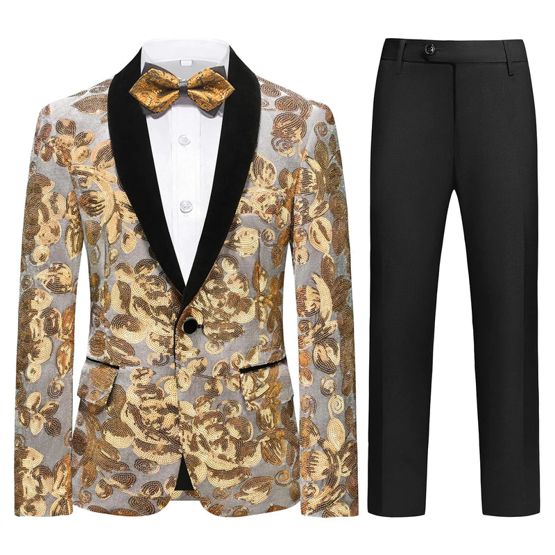 Lamgool Boys Tuxedo Suit Slim Fit Formal Set 2 Pieces Size 5T with Gold Floral Jacquard Sequin Black Pants for Kids Prom Wedding