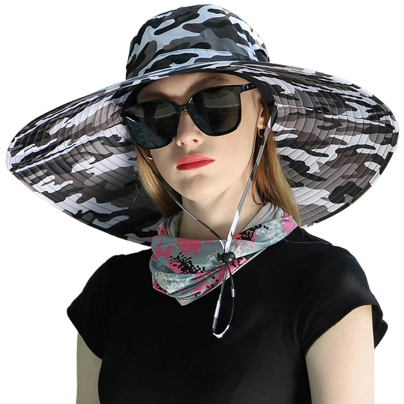 Peicees Women Wide Brim Sun Hat UPF50+ Waterproof Sun Hats for Fishing Hiking Camping Gardening Camo Black White