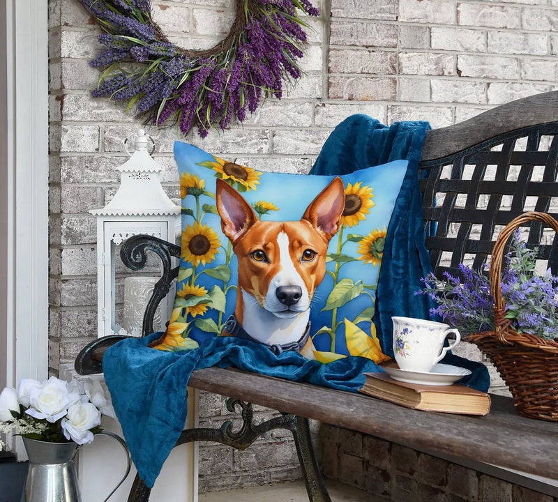 Basenji in Sunflowers Throw Pillow