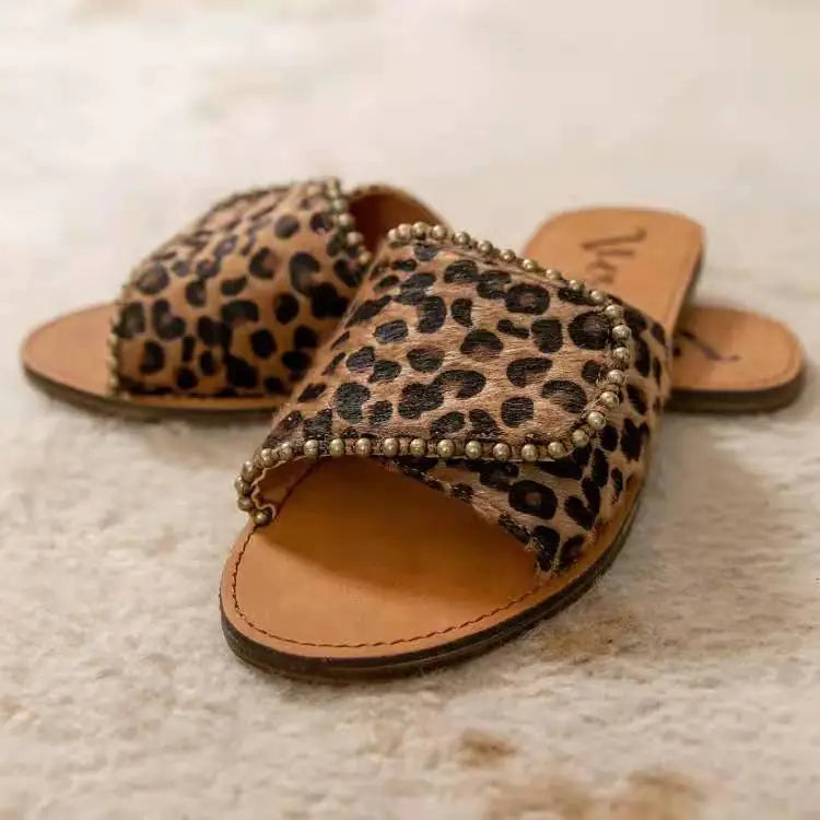 Leopard Print Studded Flat Sandals for Plus Size