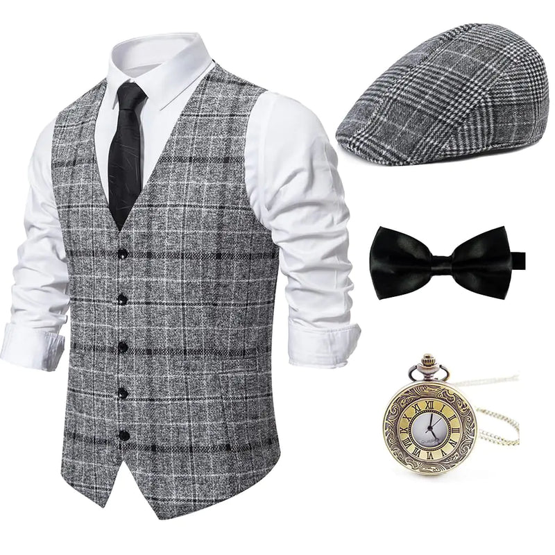 Gionforsy 1920s Mens Costume Gatsby Gangster Vest Fedora Hat Suspenders Bow Tie Costume Accessories Set (Gray XX-Large)