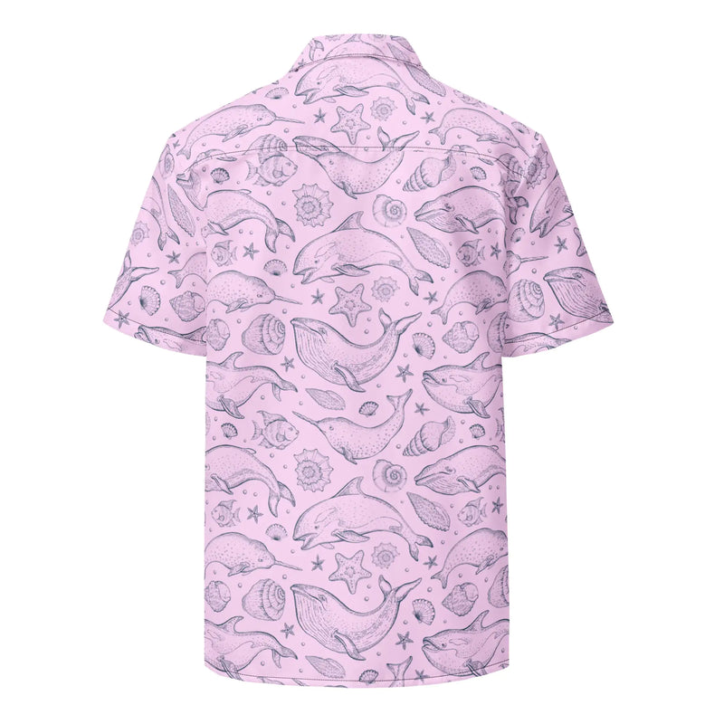 Pink Whale Pod Pattern Hawaiian Button Shirt: Dive into Coastal Chic!