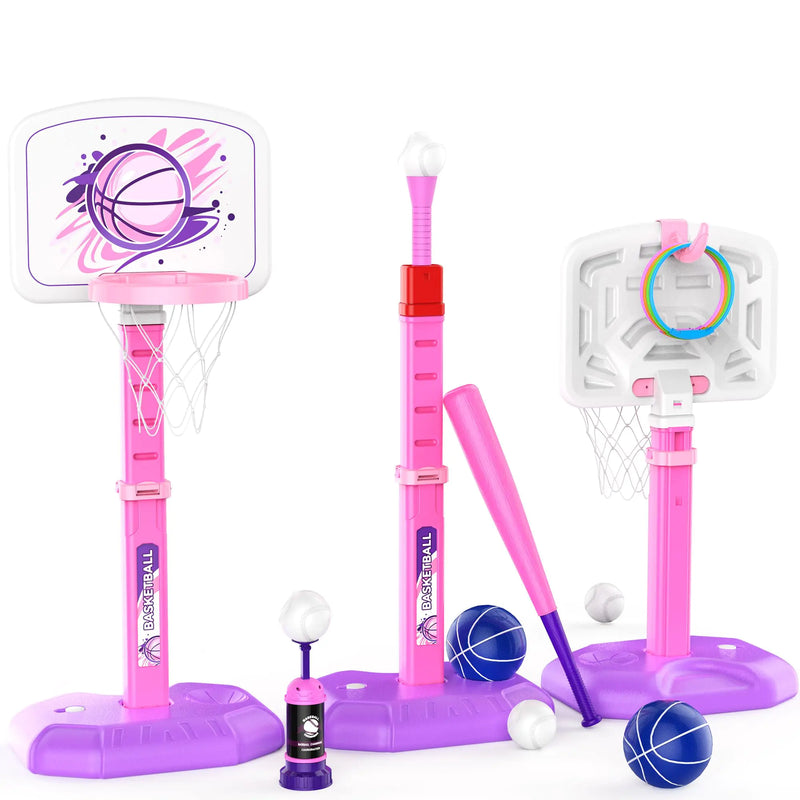 4 in 1 Kids Basketball Hoop and T Ball Set & Ring Toss Game-Adjustable Height Kids Baseball Tee with Automatic Pitching Machine Indoor Outdoor Sport Toys Gifts for Toddler Boys Girls Age 3+Pink