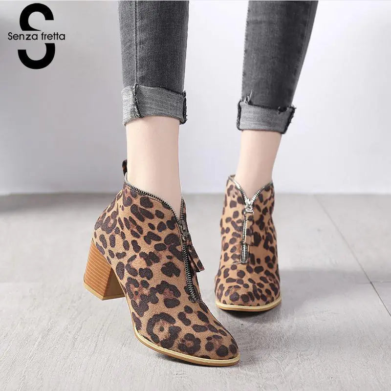 Leopard Print Chunky Heel Ankle Boots for Women