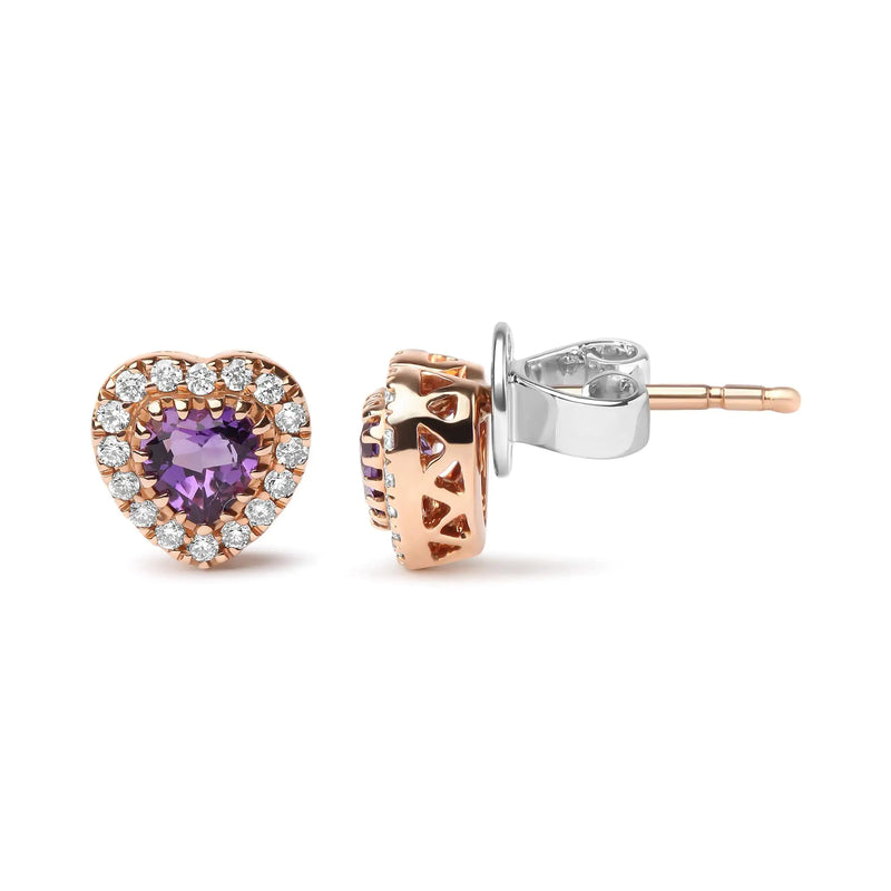 18K White and Rose Gold 1/6 Cttw Diamond and 4mm Heart Cut Purple Amethyst Gemstone Halo Heart Stud Earrings (G-H Color, SI1-SI2 Clarity)