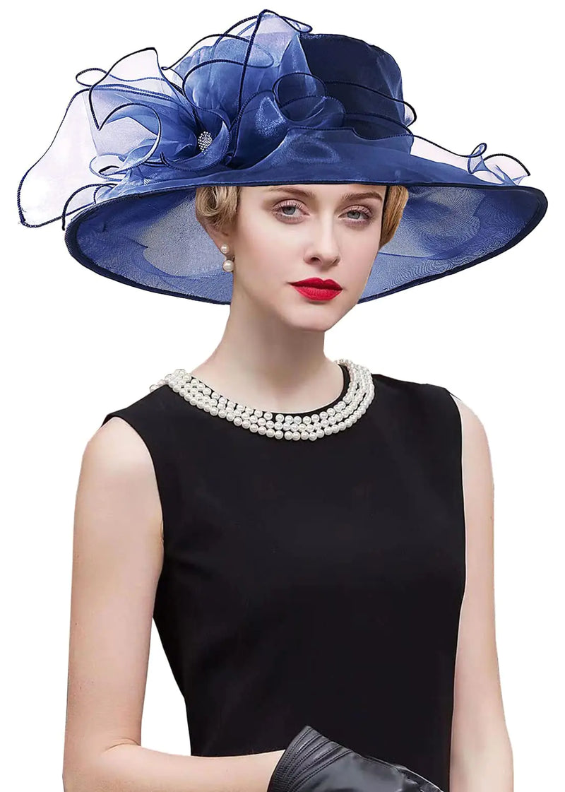 RZTA Womens Kentucky Derby Church Dress Hat Wide Brim Leaf Flower Bridal Shower Hat E6-Navy
