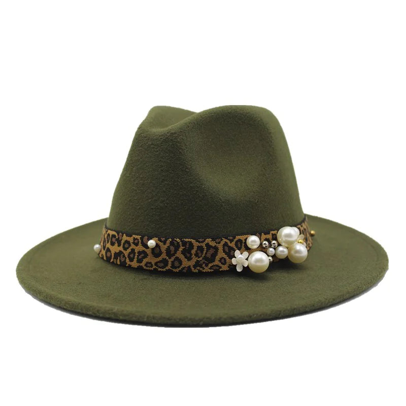 Fashion Pearl Leopard Print Wool Fedora Hat for Women