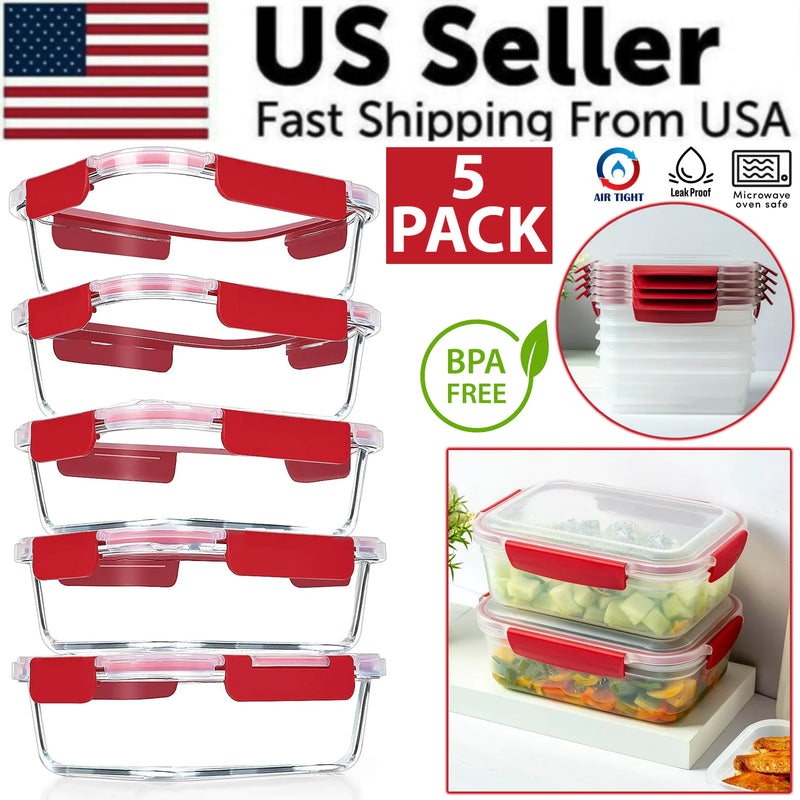 5 Pack Stackable Food Storage Containers Airtight & Leakproof Set Snap Lock Lids