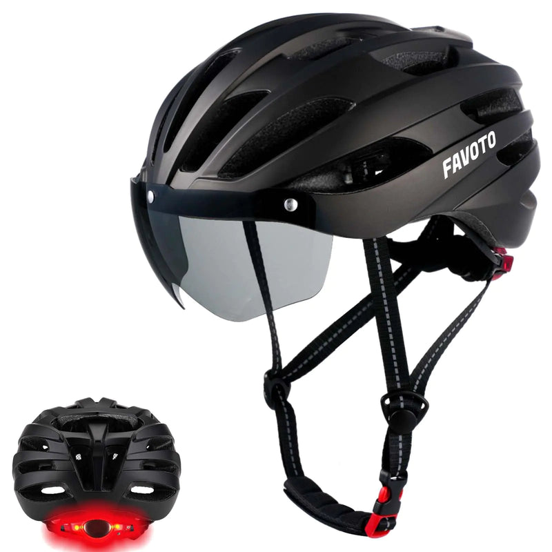Favoto Bike Helmet with Light - Bicycle Helmet with Removable Magnetic Goggles and USB Rechargeable Taillight Mountain and Road Cycling Helmets for Men and Women