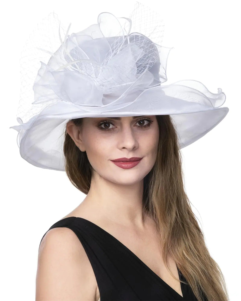 Womens Organza Church Kentucky Derby British Fascinator Bridal Tea Party Wedding Hat Summer Ruffles Cap(Hj23-White)