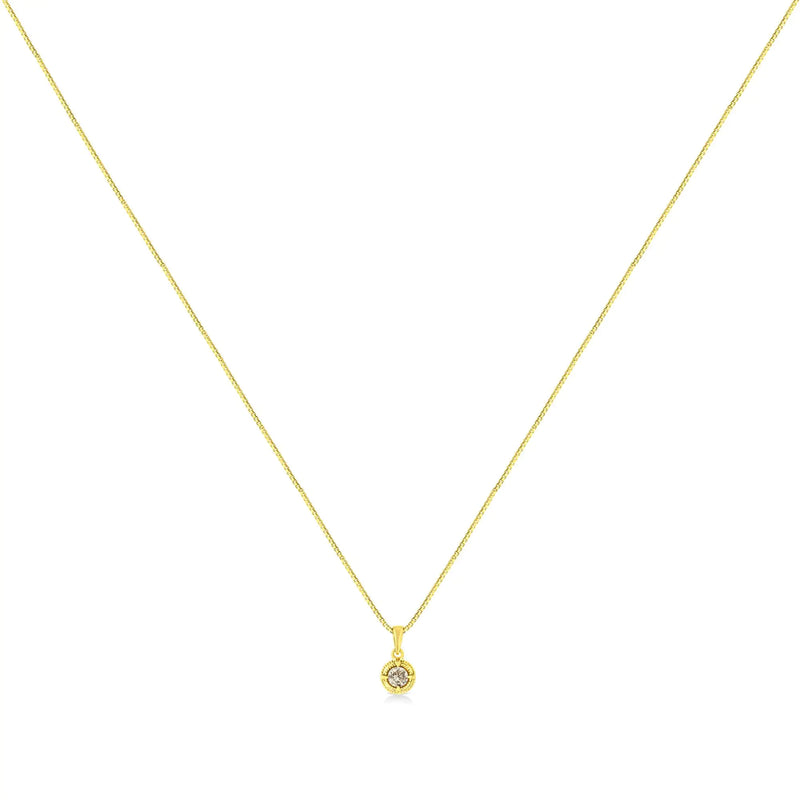 14K Yellow Gold Plated .925 Sterling Silver Brilliant Round Cut Diamond Solitaire Milgrain 18" Pendant Necklace