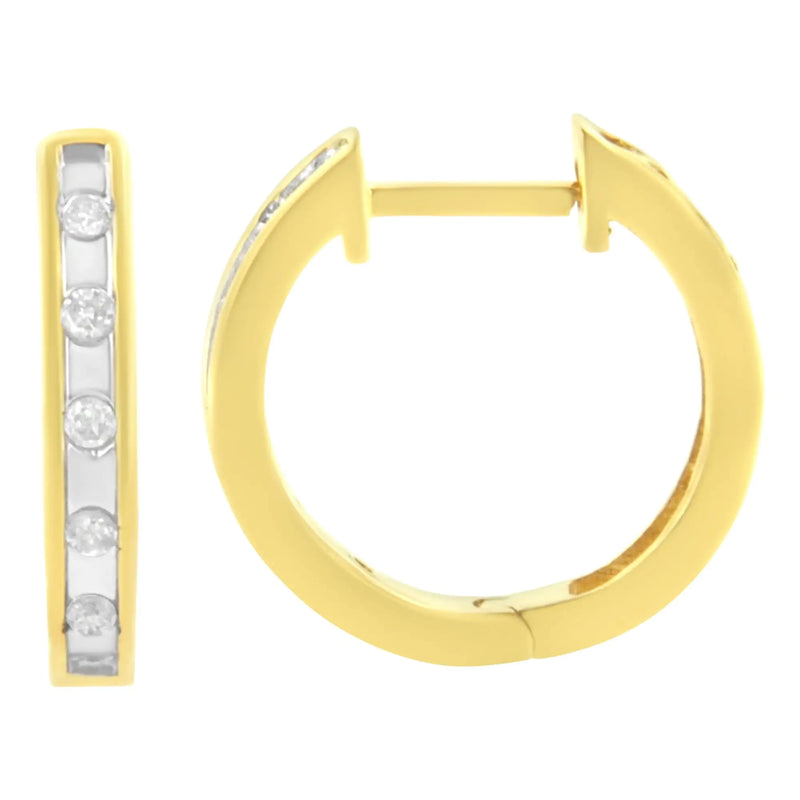 10K Yellow Gold Plated .925 Sterling Silver Channel Set Round-Cut Diamond Accent Classic Hoop Earrings (I-J Color, I1-I2 Clarity)