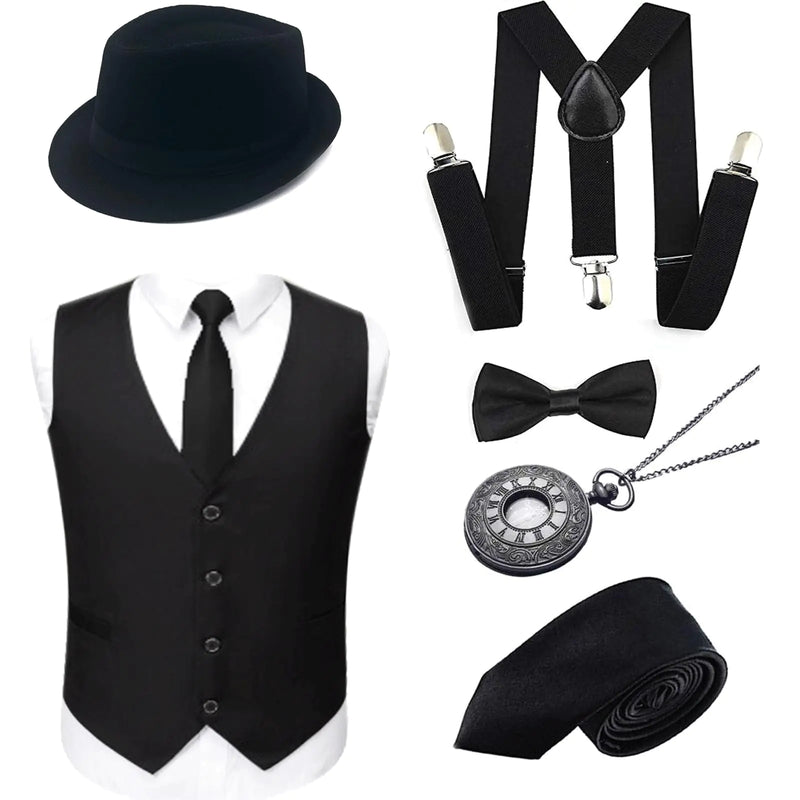 Soffpjy 1920s Mens Costume Gatsby Gangster Accessories Set vest and Tie for Gangster Theme PartyHalloween (Black Large)