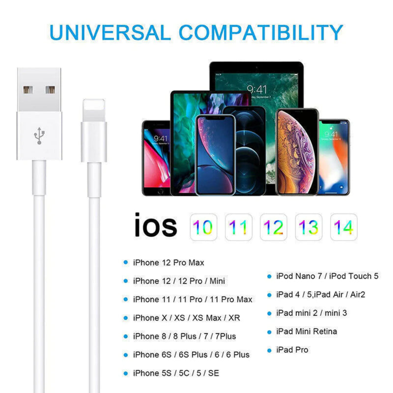 Pack of 3 Long 10FT Charging USB Cable for iPhone