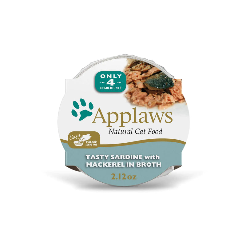 Applaws Natural Wet Cat Food 18 Count Limited Ingredient Cat Food Pots Sardine with Mackerel in Broth 2.12oz Pots