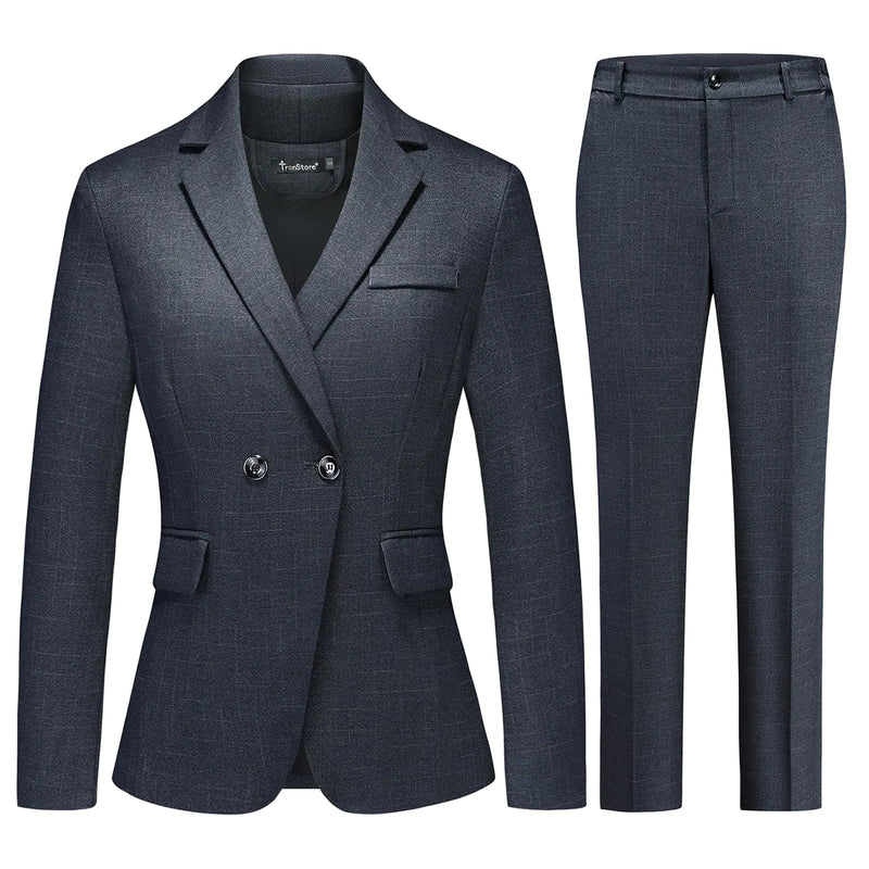 TRONSTORE Womens Plaid Suit 2 Piece Set Work Dresses Blazer Pants Suiting for Women Office Outfits Grey M