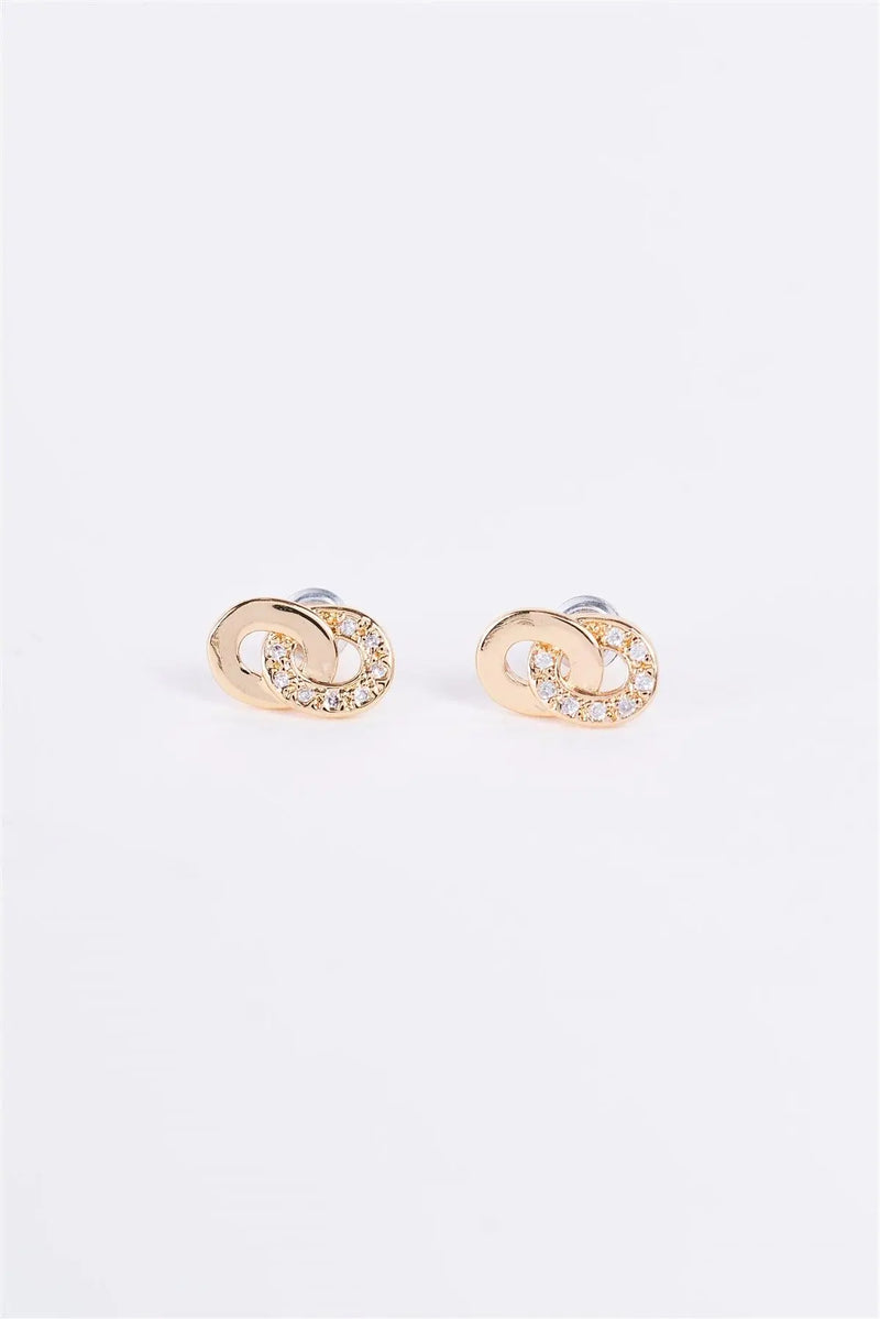 Gold & Rhinestone Incrusted Linked Hoop Stud Earrings