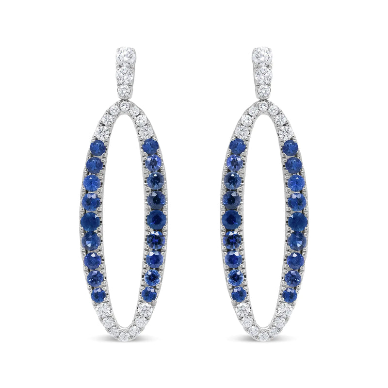 18K White Gold 1.11 Cttw Blue Round Diamond and Blue Sapphire Openwork Oval Shaped Dangle Earrings (F-G Color, VS1-VS2 Clarity)