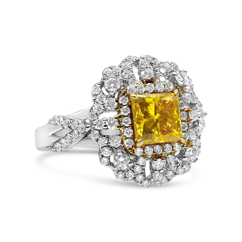 18K Yellow and White Gold 2.35 Cttw Yellow Princess Lab Grown Center Diamond Cluster Halo Cocktail Ring (Yellow/G-H Color, VS1-VS2 Clarity)