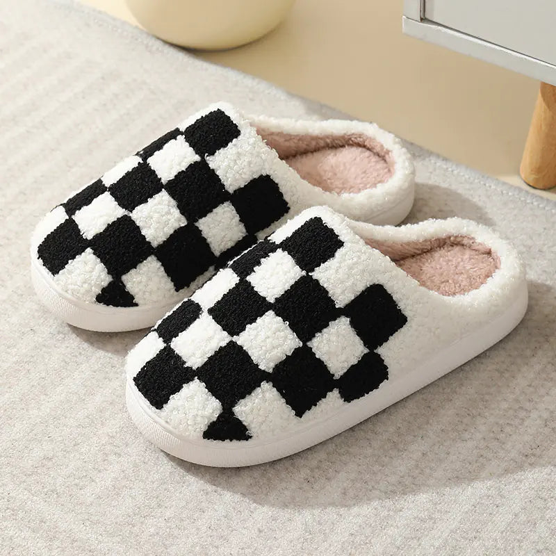 Winter Chessboard Cotton Slippers for Indoor Use