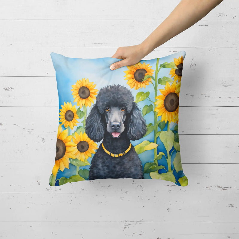 Black Poodle in Sunflowers Throw Pillow