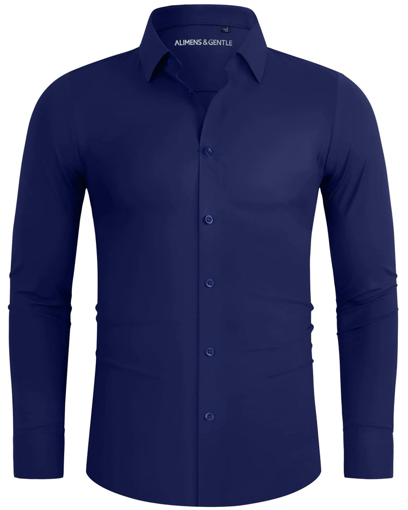 Alimens & Gentle Mens Dress Shirts 16-Way Stretch Slim Fit Long Sleeve Button Down Shirts Wrinkle Free Traveler Shirts Navy Blue