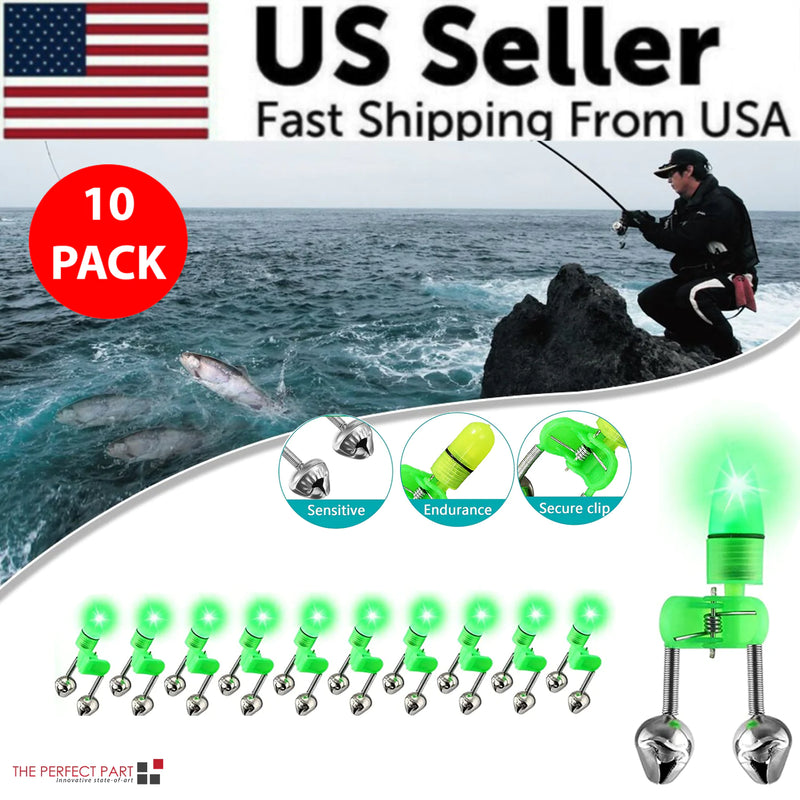 10/40 PC LED Night Fishing Bite Bait Alarm 2 Bells Light Rod Tip Clip Alert Ring