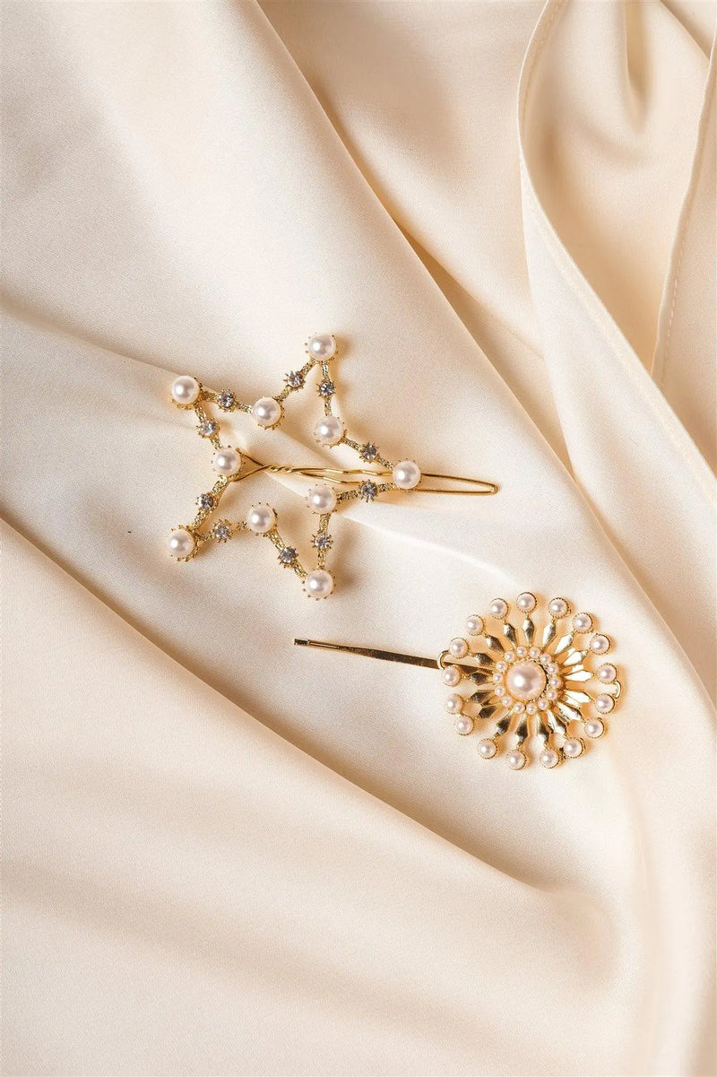 2pcs Gold Pearl Rhinestone Star Hair Bobby Pins