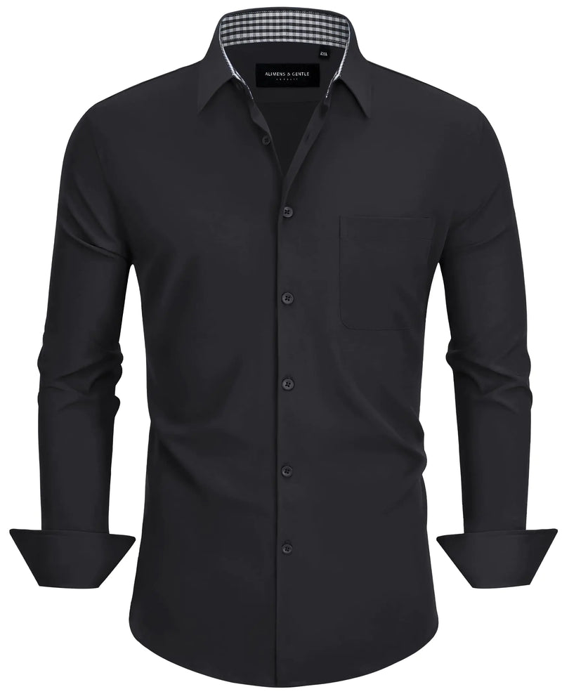 Alimens & Gentle Mens Dress Shirts Black Long Sleeve Button Down Shirt Men Wrinkle Free Shirts Plaid Collar