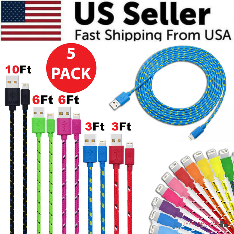 Charging Data Cable 5 Pack 3/6/10ft Charger Nylon Braided For Apple iPhone iPad