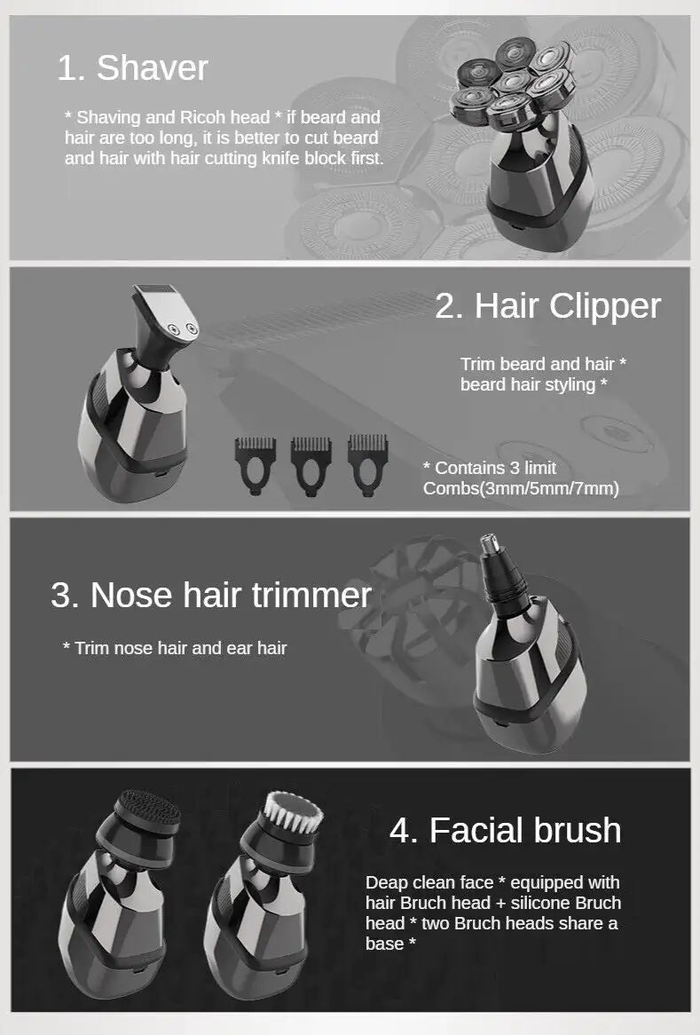 7D Cordless Shaver Hair Trimmer Men’s 5-In-1 Electric Head Shaver Razor Men Wet