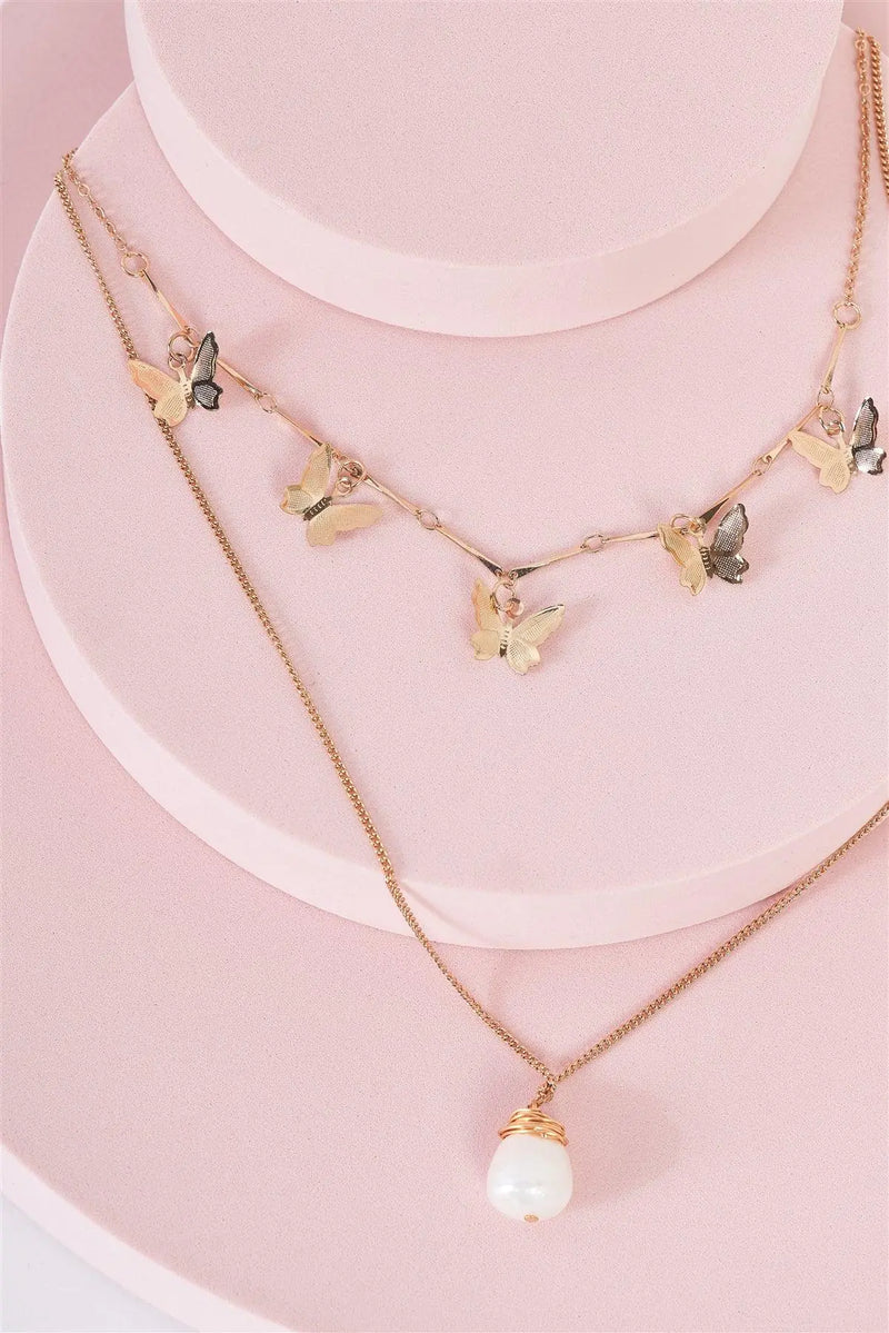 Gold Double Chain Multi Butterfly Pearl Charm Necklace