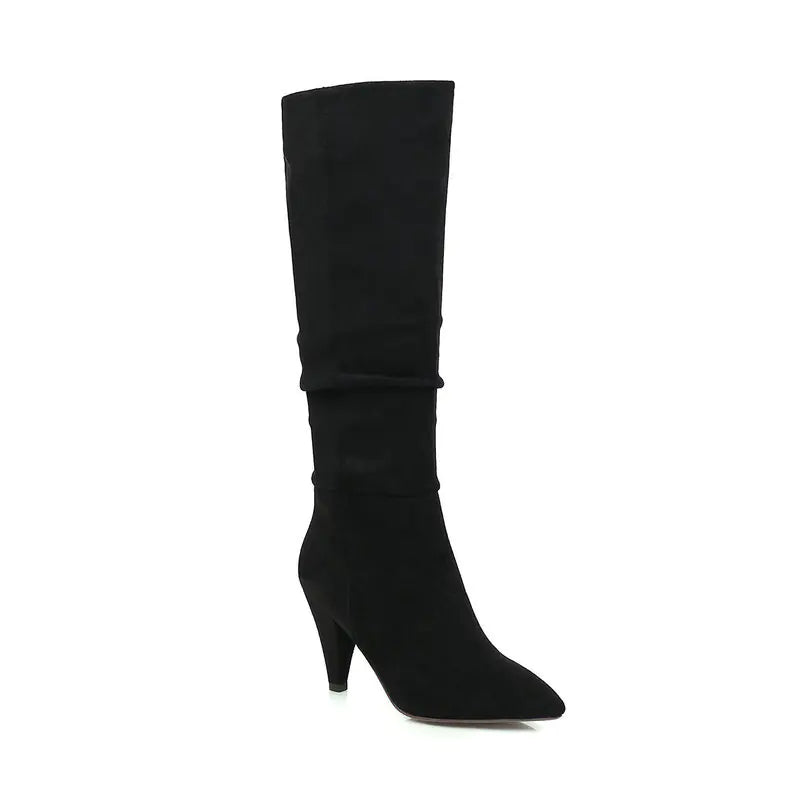 Tapered Heel Pointed Toe Leather Velvet High Boots