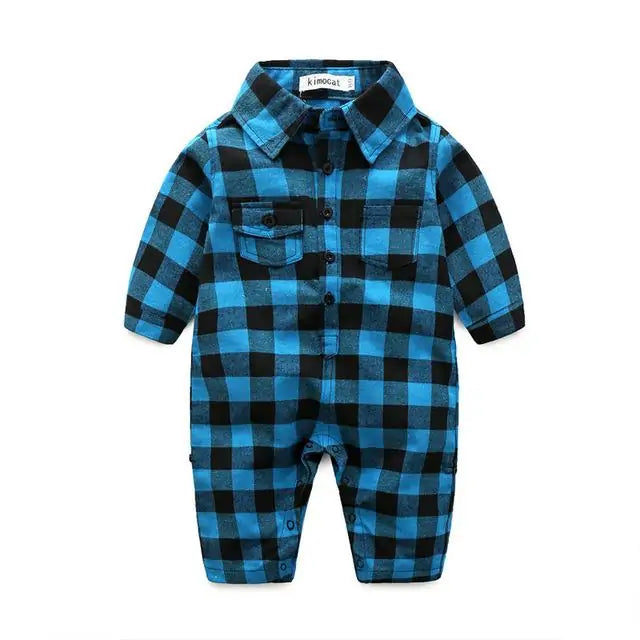 Plaid Long Sleeve Lapel Baby Romper