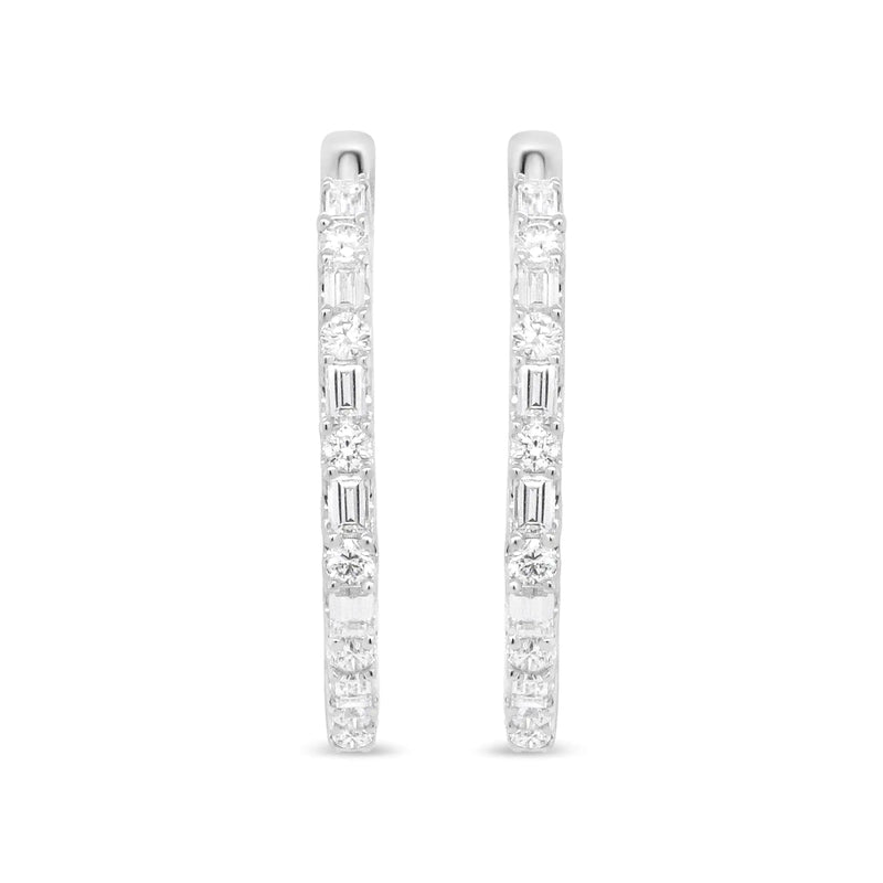 14K White Gold 1 3/4 Cttw Round and Baguette Diamond Hoop Earrings - (H-I Color, SI2-I1 Clarity)