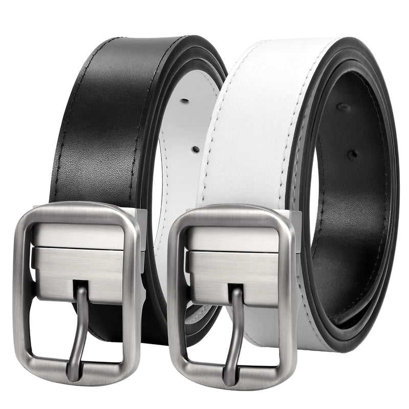 SANSTHS Mens Reversible Leather Belt Reversible Belt for Men Dress Belt Men Leather Belt One Belt 2 Sides Light Buckle/Black White