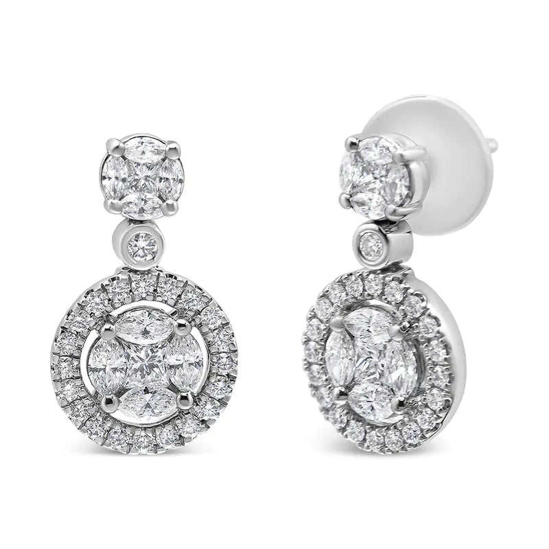 18K White Gold 2.0 Cttw Round Shape Diamond Composite Halo Dangle Stud Earring (F-G Color, VS1-VS2 Clarity)