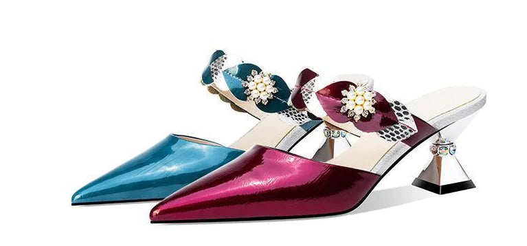 Pointed-Toe Rhinestone High-Heeled Sandals and Slippers