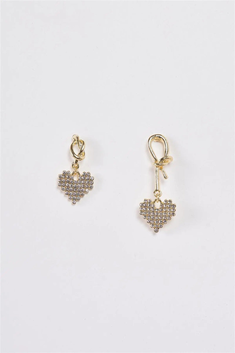 Asymmetrical Gold Rhinestone Heart Dangle Earrings