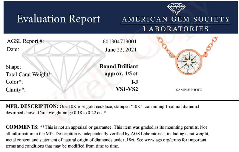 AGS Certified 10K Rose Gold 1/5 Cttw Bezel Set Round Diamond Solitaire 16-18" Adjustable Pendant Necklace (I-J Color, VS1-VS2 Clarity)