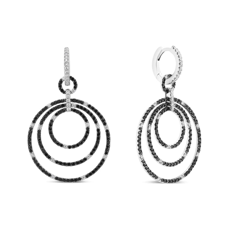 18K White Gold Round 2 1/3 Cttw Black and White Diamond Graduated Hoop Dangle Earrings (Black and F-G Color, VS1-VS2 Clarity)