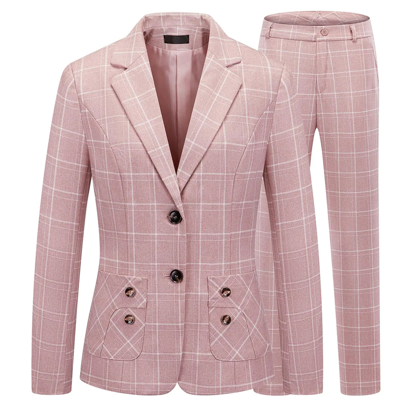 Lamgool Womens 2 Piece Plaid Suit Ladys Business One Button Lined Blazer Jacket Pant Set (Rose Large)