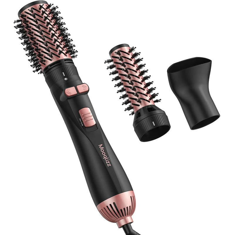 Mooqlizz Rotating Hair Dryer Brush 3 in 1 Round Hot Air Spin Brush Set Volumizer Blow Dryer Brush with 2 Brushes and Concentrator Pink Black