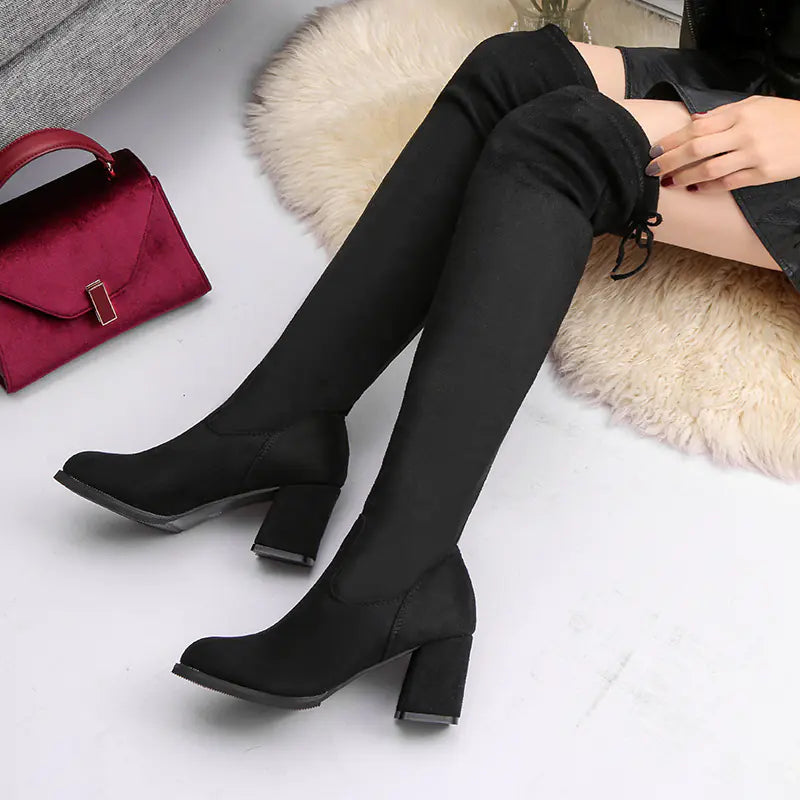 Knee-High Stretch Boots for Women with Chunky Heels