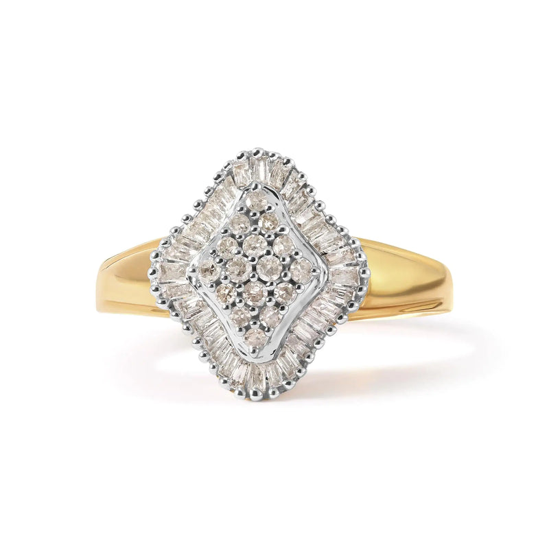 10K Yellow Gold 1/2 Cttw Round And Baguette-cut Diamond Rhombus Head and Halo Ring (I-J Color, I1-I2 Clarity)