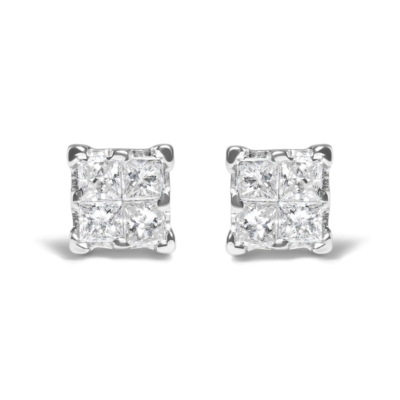 .925 Sterling Silver 1/4 Cttw Invisible Set Princess Diamond Composite Quad Stud Earrings (I-J Color, I1-I2 Clarity)