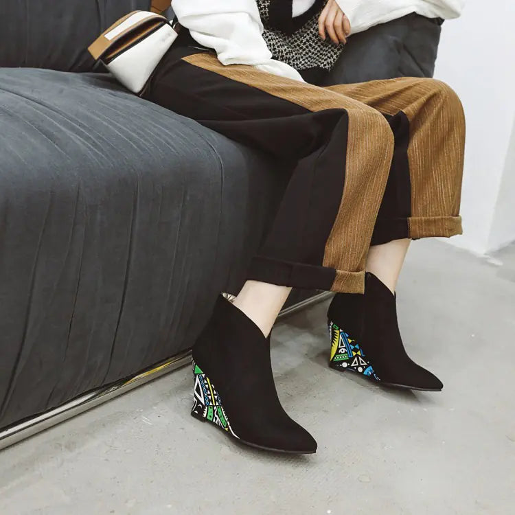 Floral Ankle Boots with Pointed Toe Wedge Heel